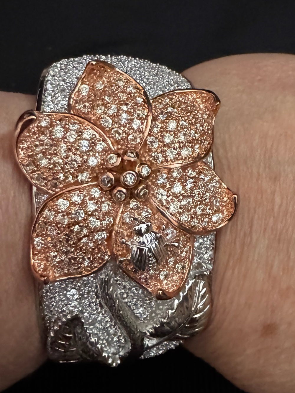 Large Chunky Floral Rose Gold & Silver Tone Pavé Flower Cuff Bracelet